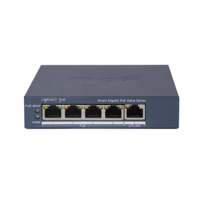 Switch Gigabit PoE+ / Monitoreable / 4 Puertos 1000 Mbps PoE+ / 1 Puerto 1000 Mbps Uplink / Configuración Nube Hik-PartnerPro / Modo Extendido hasta 300 Metros / 45 Watts