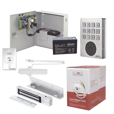 Sistema Completo de Acceso, Incluye Teclado con lector de tarjetas, Chapa magnética con bracket, Cierra puerta, Botón de Salida, Cable " Gratis ", y fuente profesional con Batería