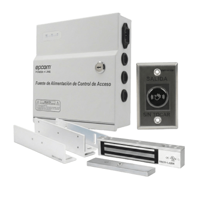 Kit para Control de Acceso Incluye Fuente de 12VCD / Soporta Batería de Respaldo/ Chapa Magnética de 600Lbs / Montajes L y Z / Botón de salida  / Certificación UL y ETL