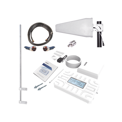 Kit PLUS de Amplificador de Señal Celular 5G / Penta Banda / Soporta 2G, 3G, 4G y 5G / Compatible con TELCEL, AT&T, MOVISTAR y OMV / Cobertura hasta 250 m2 / Incluye Antenas, Jumpers coaxiales y mástil.