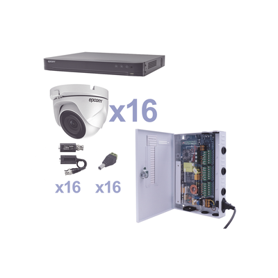 KIT TurboHD 1080p / DVR 16 Canales / 16 Cámaras Eyeball (exterior 2.8 mm) / Transceptores / Conectores / Fuente de Poder Profesional