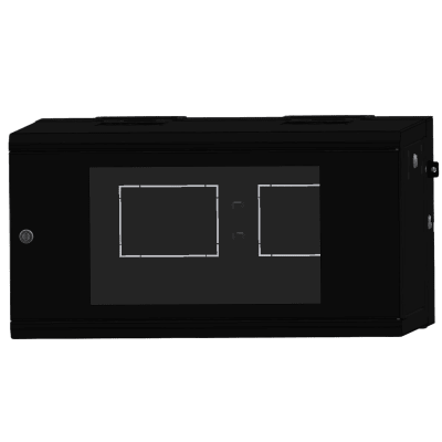 Gabinete Rackeable / 06 Unidades / Pared 19 Pulgadas / Puerta de Cristal / Pintura Electroestática Negro / Abatible 120° / Ventilación 120 mm