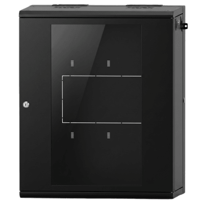 Gabinete Rackeable 24 UR / 19 Pulgadas / Puerta de Cristal / Acero Calibres 18 y 22 / Montaje en Pared / Capacidad de Carga 80 Kg / Pintura Electroestática Negra / Abatible 120° / Laterales Removibles