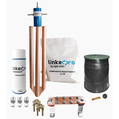 Kit Puesta a Tierra 200A / Electrodo Cobre Electrolítico / Diseño Delta / Filtro Equipotencial / Compuesto 12 kg / Barra Unión + Conectores + Registro