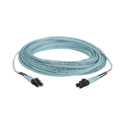 Jumper de Fibra Optica Multimodo 50/125 OM3, LC-LC Duplex, OFNR (Riser), Color Aqua, 50 Metros (164.04 Pies)