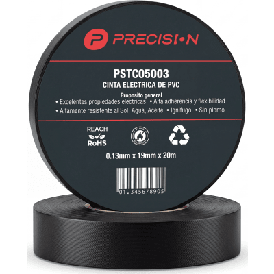 Cinta de Aislar de Vinilo PVC / Uso General / Espesor 0.13 mm / Ancho 19 mm / 20 m de Largo / Color Negro