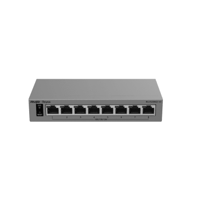 Switch Gigabit Smart Cloud-Managed / 8 Puertos 10/100/1000BASE-T / Capa 2 / Switching 16 Gbps / AI-Powered Failover / Modo CCTV Un-Click / Gestión Cloud Ruijie & App Reyee / Diseño Fanless / Gabinete Metal / Protección Surge 6 kV