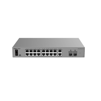 Switch Smart Cloud Managed PoE+ Capa 2 / 20 Puertos Gigabit / 16 Puertos PoE+ 250 W / 2 SFP 1G / Switching 40 Gbps / Forwarding 29.76 Mpps / Protección 6 kV / Gestión Cloud Ruijie / Metal / Rack