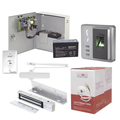 Sistema Completo de Acceso, Incluye Lector Biometrico, Chapa magnética con bracket, Cierra puerta, Botón de Salida, Cable " Gratis ", y fuente profesional con Batería