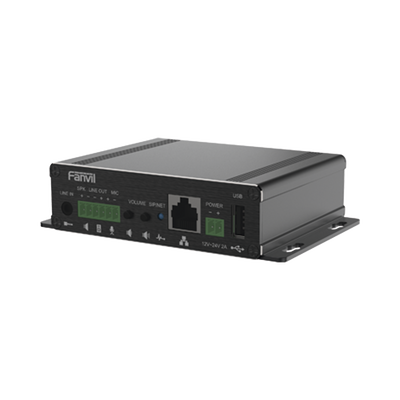 Gateway para Voceo IP/SIP,  Entrada de audio (3.5mm), salida de amplificador integrado de hasta 30W, puerto USB (reproducción de MP3),