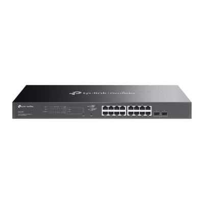 Switch Smart Omada 18 Puertos Gigabit / 16 Puertos PoE+ 802.3af/at / 2 Ranuras SFP Gigabit / Presupuesto PoE 150 W / Switching 36 Gbps / Enrutamiento Estático L2+ / Gestión Cloud SDN / Fanless / Montable en Rack