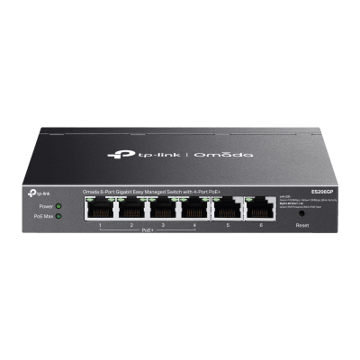 Switch Omada 6 Puertos Gigabit / 4 Puertos PoE+ 65W / Gestión Cloud SDN / Sin Ventiladores / QoS / VLAN / IGMP Snooping / 250 m PoE