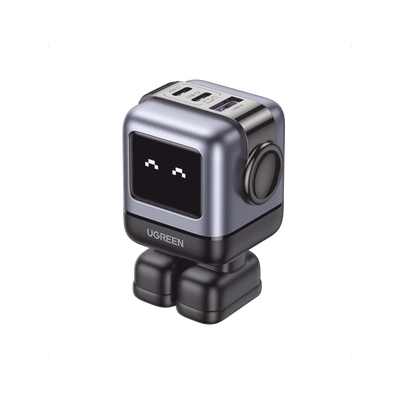 Cargador RobotGaN de 65W Serie UNO | 3 Puertos de Carga Rápida | 2 USB-C | 1 USB-A | PD 3.0 | QC 4.0 | Carga Inteligente | Tecnología GaN II | Zapato Magnético Extraíble | Carcasa Ignífuga | Pantalla LED