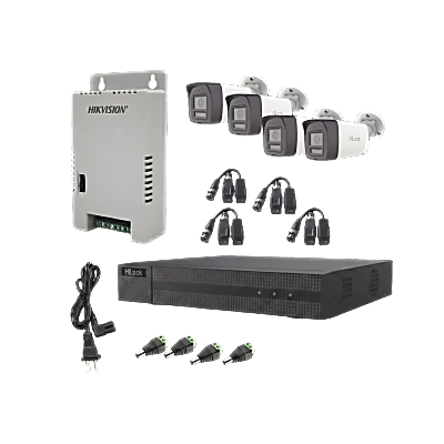 [HL-2080P-4B-TWA] Kit HiLook Audio Bidireccional TurboHD 1080p / DVR Metalico 4 Canales / 4 Cámaras Bala (Exterior) con Bocina y Micrófono Integrado / 1 Fuente de Poder / Accesorios