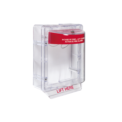 [STI-1130] Cubierta Protectora Serie Stopper II® De Policarbonato, Con Bocina, Espaciador Transparente, Montaje en Superficie, Etiqueta en Inglés 