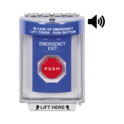[SS2448EX-EN] Botón De Salida De Emergencia Con Bocina De Advertencia Integrada, Interior/Exterior, Texto En Ingles, Tapa Protectora De Policarbonato Súper Resistente, Neumático