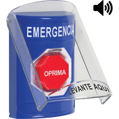 [SS24A2EM-ES] ​Botón Multipropósito, Color Azul, De Superficie, Con Tapa De Policarbonato, Con Bocina Pre Alarma, Solo Interior, Llave Para Restablecer, Texto De Emergencia, Español