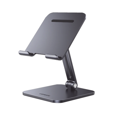 [40393] Soporte de Aluminio para IPad & Tablet | Plegable |Angulo Ajustable de 180° y 270° | Base Antideslizante | Protección  de Silicona | Amplia Compatibilidad con dispositivos de 7.9'' a 12.9'' | Aluminio Solido | Color Gris