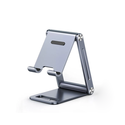[80708] Soporte para Teléfono Celular de Aluminio | Angulo Ajustable | Amplia Compatibilidad con dispositivos de 4.7'' a 7.9'' | Antideslizante | Antiarañazos | Plegable | Color Gris.