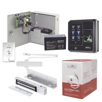 [ACCESSKIT5P] Sistema Completo de Acceso, Incluye Lector Biometrico SF300, Chapa magnética con bracket, Cierra puerta, Botón de Salida, Cable " Gratis ", y fuente profesional con Batería