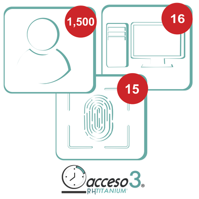 [TITANIUMIV] [BAJO PEDIDO] Licencia para software de Tiempo & Asistencia compatible con SISTEMAS DE NOMINA / 1,500 Empleados / 16 Relojes checadores / 16 PC / Acceso3 - TITANIUM