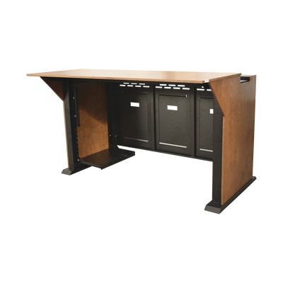 [EM-S01] Consola Profesional para Monitoreo | Con Porta PC | Con Tomacorriente | Tapas Removibles | Color Negro y Nogal con Veta | Lamina de Acero Rolado Calibre 18 | Pintura en Polvo Electrostática.