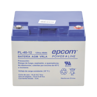 [PL-40-12] Batería 12 Vcc / 40 Ah / UL / Tecnología AGM-VRLA / Para uso en equipo electrónico Alarmas de intrusión / Incendio/ Control de acceso / Video Vigilancia / Terminales tipo M6 ( HEX ) / Cargador recomendado CHR-250.