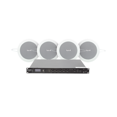 [SF120DTB/4CS] KIT de Amplificador de 120W para Rack | 4 Altavoces de Plafón de 4in | 3 - 6W | Sistema 70/100V