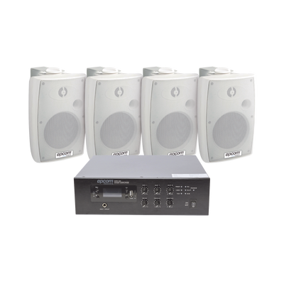 [SFB120/4WSW] KIT de Amplificador de 120W para Escritorio | 4 Altavoces de Pared color Blanco 2.5W - 20W | Sistema 70/100V