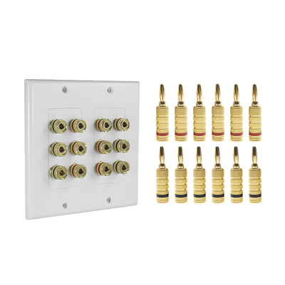 [EP-WP6S-KIT] KIT 1 Placa de Pared + 6 Pares Conectores Banana (Rojo+Negro) | Postes de Unión Tipo Banana | Conexión para 6 Altavoces | Fácil Instalación | Conectores Chapados en Oro