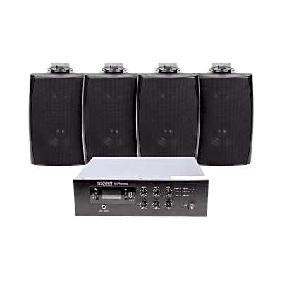 [SFB240/4WS] KIT de Amplificador de 240W para Escritorio | 4 Altavoces de Pared color Negro 2.5W - 20W | Sistema 70/100V