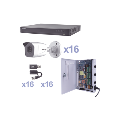 [KEVTX8T16BW] KIT TurboHD 1080p / DVR 16 Canales / 16 Cámaras Bala (exterior 2.8 mm) / Transceptores / Conectores / Fuente de Poder Profesional