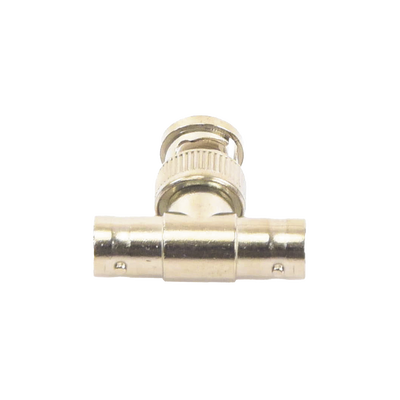[TT-RG-12] Adaptador en T para 75 Ohm de Conector BNC Macho a Doble BNC Hembra, Níquel/ Oro/ Teflón.