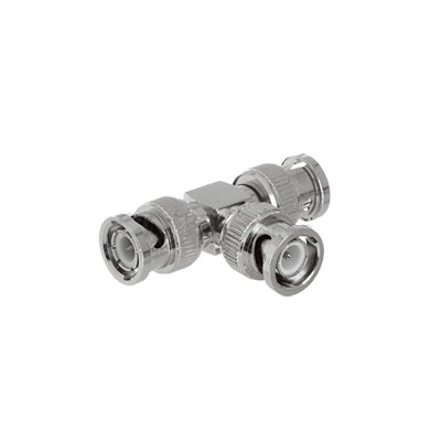 [TT-RG-14] Adaptador de Triple conectores BNC macho para uso en sistemas de video vigilancia en aplicación con cables coaxiales RG-59/ RG-6, Níquel/ Oro/ Politetrafluoroetileno.