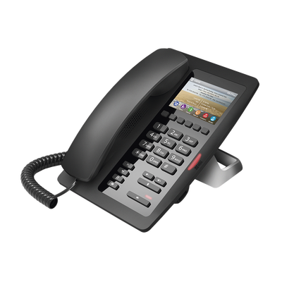 [H5] Teléfono IP Hotelero / Pantalla LCD Color 3.5" / 2 Líneas SIP / 6 Teclas Programables Hotline / Puerto USB Carga / PoE 802.3af / Personalizable con Logo Hotel