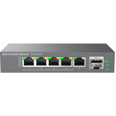 [GWN7700MP] Switch de Red Multi-Gigabit No Administrable / 5 Puertos de2.5 Gbps (4 PoE) / Puerto SFP+ Fibra 1 o 10 Gbps / Montaje en Escritorio o Pared / Plug-and-Play / Tecnología Verde