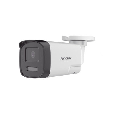 [DS-2CE17U0-TLTS] [Audio Bidireccional + Dual Light + ColorVu] Bala TURBOHD 4K (8 Megapixel) / Lente 2.8 mm / 40 mts IR EXIR + 40 mts Luz Blanca / Micrófono y Bocina Integrado / Exterior IP67 / Metal / dWDR