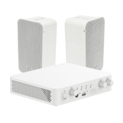 [DS-QAE-KIT-0420G] Kit de amplificador con bluetooth | 2 altavoces para pared | Sistema 100V |  2 Canales con Control de volumen Independiente |  Música Ambiental