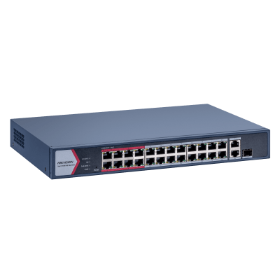 [DS-3E1326P-EI/M] Switch Gigabit PoE+ / Monitoreable / 24 Puertos 1000 Mbps PoE+ / 1 Puerto 1000 Mbps de Uplink / 1 Puerto SFP /  Configuración Nube desde Hik-PartnerPro / Modo Extendido hasta 300 Metros / 230 Watts