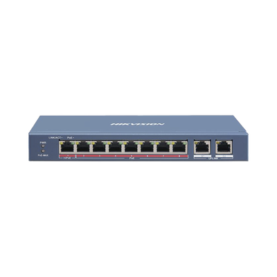 [DS-3E0310HP-E] Switch PoE+ / No Administrable / 7 Puertos 10/100 Mbps 802.3 af/at (30 W) / 1 Puerto 10/100 Mbps Hi-PoE (90 W)  / 2 Puertos 1000 Mbps Uplink / Modo Extendido hasta 300 Metros / 110 Watts