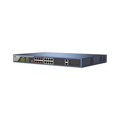 [DS-3E03-18PE] Switch PoE 250 Metros Larga Distancia / 16 Puertos 802.3at (30 W) 100 Mbps + 2 Puertos Gigabit + 2 Puertos SFP