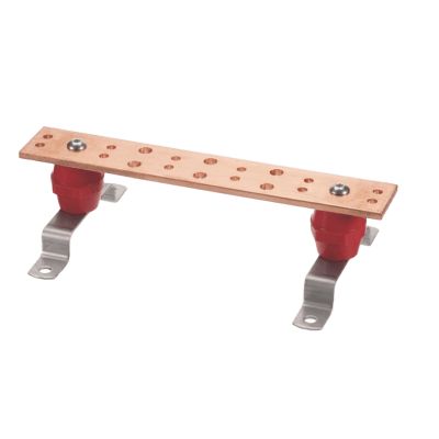 [LP-BUS-TMX122] Barra Unión Telecom TMGB / 12 x 2 x 1/4 in / Cobre 100% / 6+12 Orificios / Montaje Muro Incluido / Aisladores Rojos / J-STD-607-A