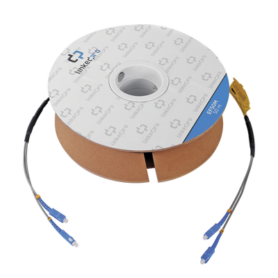 [EF-50M] Carrete de Fibra Óptica Monomodo con conectores SC-SC Duplex, Reforzada con Kevlar, de 50 metros