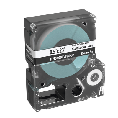 [T050X000VPM-BK] Casete de Etiquetas de Vinilo de Cinta Continua, Color Negro Sobre Blanco, Uso Interior/Exterior, 12 (0.5 Pulgadas) mm de Ancho x 7 Metros (22.97 Pies) de Largo