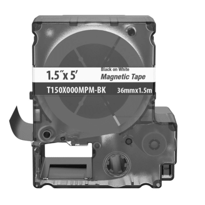 [T150X000MPM-BK] Casete de Etiquetas Magnéticas de Cinta Continua, Color Blanco Sobre Negro, Uso Interior, 36 mm (1.42 pulgadas) de Ancho x 1.5 Metros (4.92 pies) de Largo