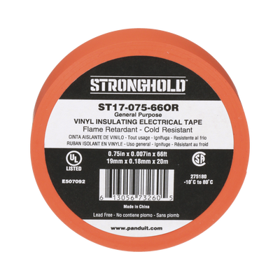 [ST17-075-66OR] Cinta Eléctrica STRONGHOLD para Aislar, de PVC, Uso General Reparación y Mantenimiento, Grosor de 0.18mm (7 mil), Ancho de 19mm, y 20.12m de Largo, Color Naranja