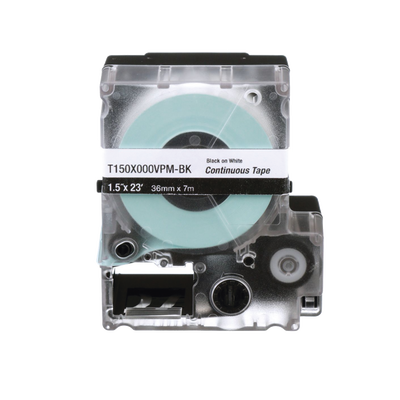 [T150X000VPM-BK] Casete de Etiquetas de Vinilo de Cinta Continua, Color Negro Sobre Blanco, Uso Interior/Exterior, 36 mm (1.42 Pulgadas) de Ancho x 7.6 Metros (24.93 Pies) de Largo