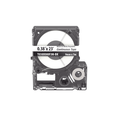 [T038X000FJM-BK] Casete de Etiquetas de Poliolefina de Cinta Continua, Color Negro Sobre Blanco, Uso Interior/Exterior, 9 mm de Ancho x 7 Metros de Largo (22.97 Pies)
