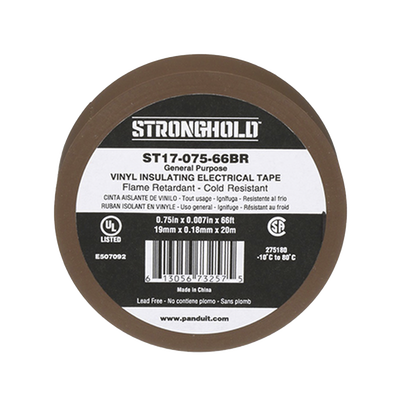 [ST17-075-66BR] Cinta Eléctrica STRONGHOLD para Aislar, de PVC, Uso General Reparación y Mantenimiento, Grosor de 0.18mm (7 mil), Ancho de 19mm, y 20.12m de Largo, Color Café