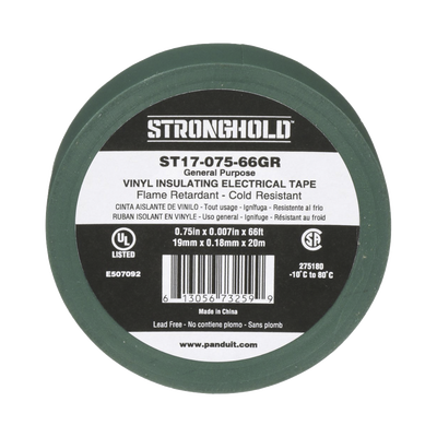 [ST17-075-66GR] Cinta Eléctrica STRONGHOLD para Aislar, de PVC, Uso General Reparación y Mantenimiento, Grosor de 0.18mm (7 mil), Ancho de 19mm, y 20.12m de Largo, Color Verde
